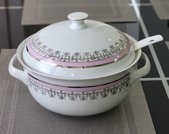 Zuppiera vintage in porcellana cecoslovacca – bianca con bordo argentato
