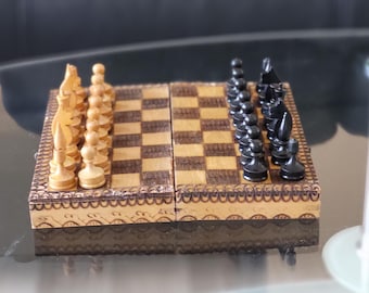 Vintage Travel Chess Set – 1960s Wood Pyrography, Handmade Mini Game
