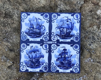 Vintage Portugal Sailing Ship Ceramic Tile – Blue and White Wall Art