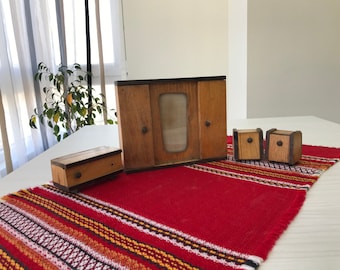 Vintage wooden dollhouse furniture -set wooden cabinets -bedroom set -Vintage 1960 dolls house wardrobe and bedside tables -Vintage toys