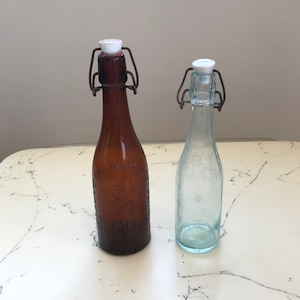 Vintage glass bottle -set of 2 glass bottle -glass beer bottle and lemonade bottle with porcelain lids -antique bottle -Bulgarian old bottle