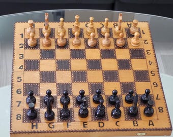 Vintage medium chess set 50's -travel wood chess -chess set -game box -medium chess set -chess game -wooden shapes