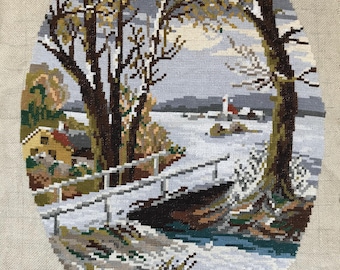 Vintage 'Winter' Landscape Needlepoint Tapestry – Hand-stitched Wall Hanging