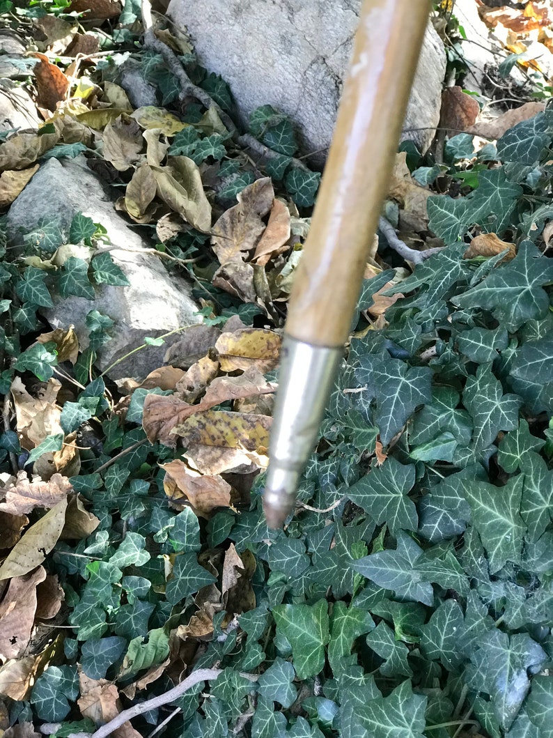 Puede incluir: Una herramienta de jard&iacute;n con mango de madera y punta met&aacute;lica, parcialmente visible sobre un fondo de hiedra verde y hojas marrones ca&iacute;das. El mango de la herramienta es de color marr&oacute;n claro y la punta met&aacute;lica es plateada.