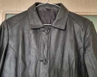 Vintage Black Leather Trench Coat – Women's Knee-Length Formal Jacket