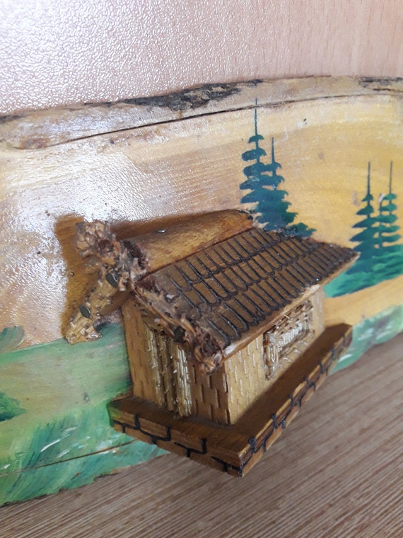 Vintage Handmade Wooden Painting Mural Wall Hanging Picture Landscape Souvenir Small House Collectible