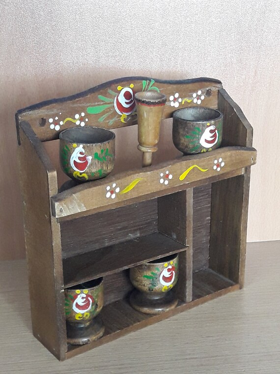 Vintage Small Wall Hanging Wooden Shelf With Wooden Cups Etsy