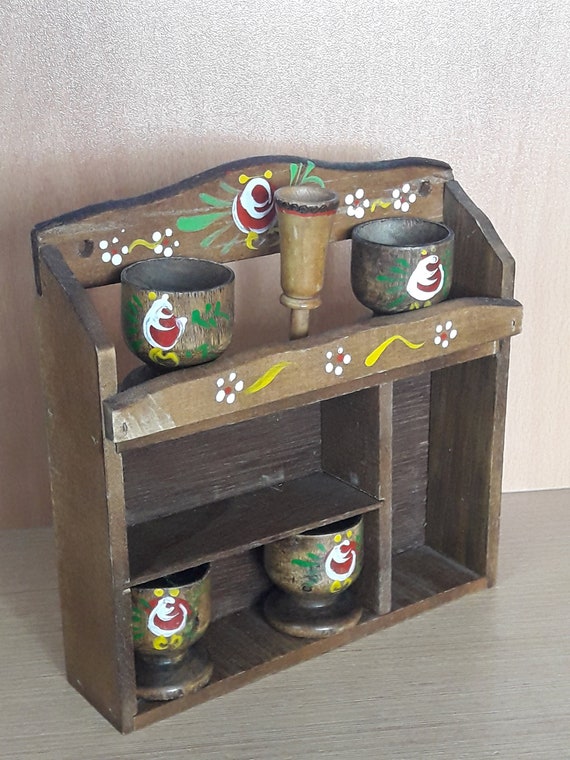 Vintage Small Wall Hanging Wooden Shelf With Wooden Cups Etsy