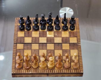 Vintage Travel Chess Set – 1950s Pyrography Wood, Handmade