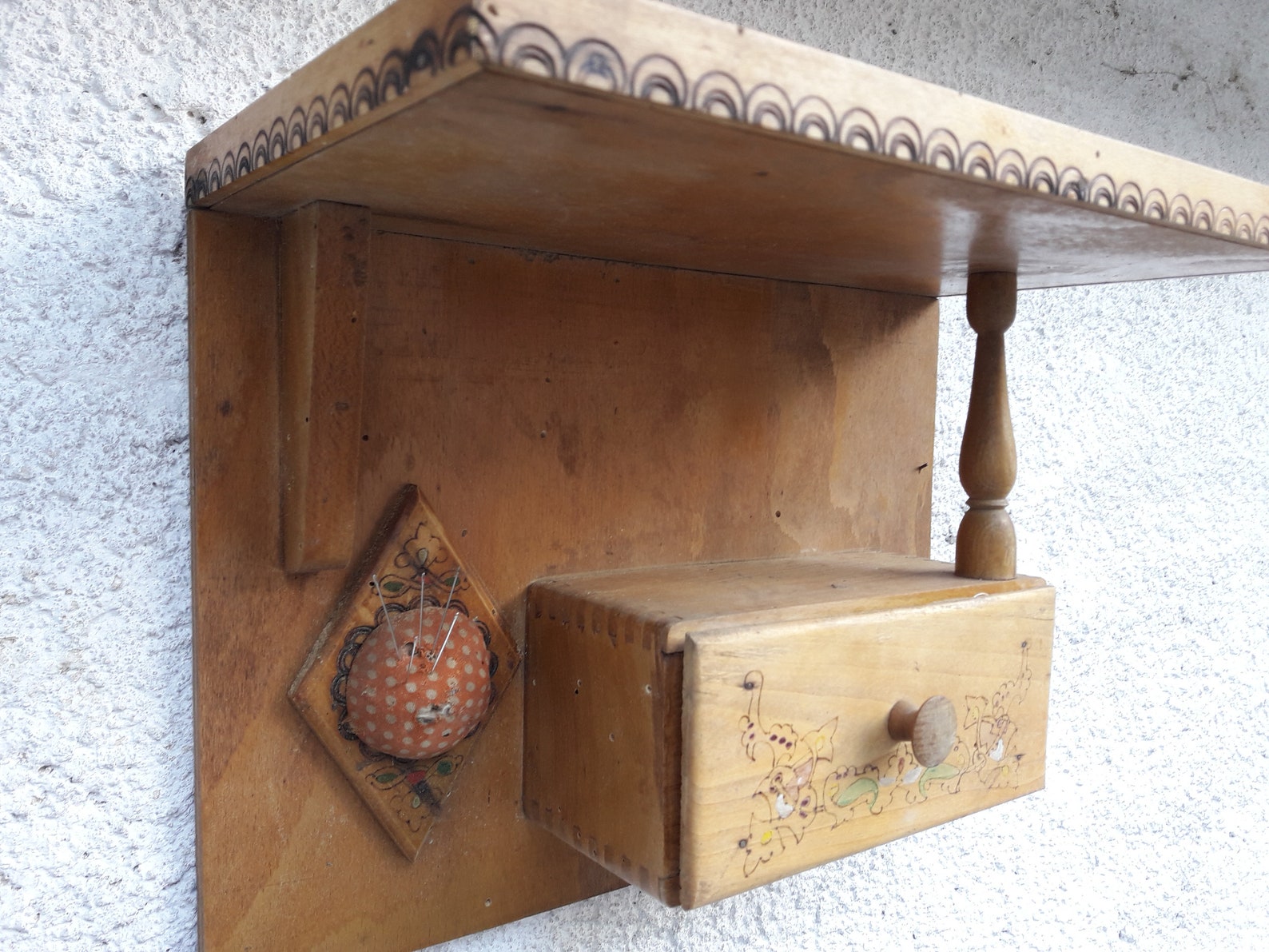 Vintage Wall Hanging Wooden Drawer Pincushion and Shelveswall Etsy