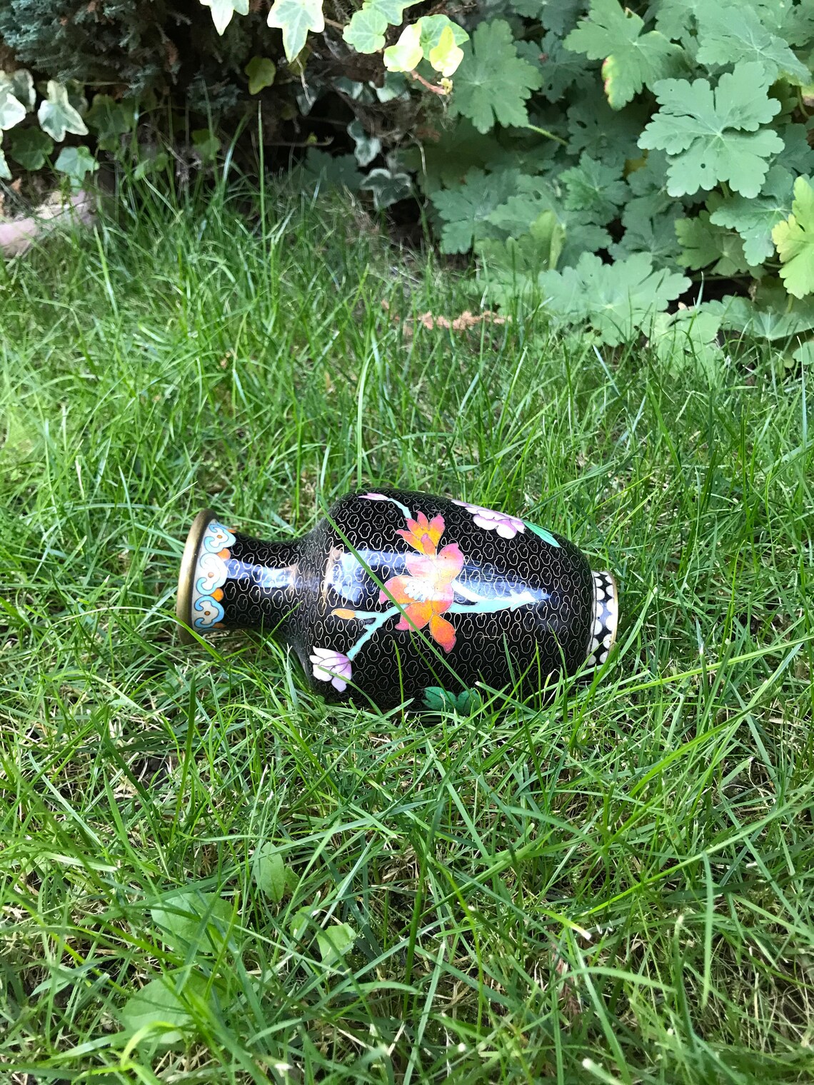 Vintage Oriental Enameled Vase Etched and Painted Etsy