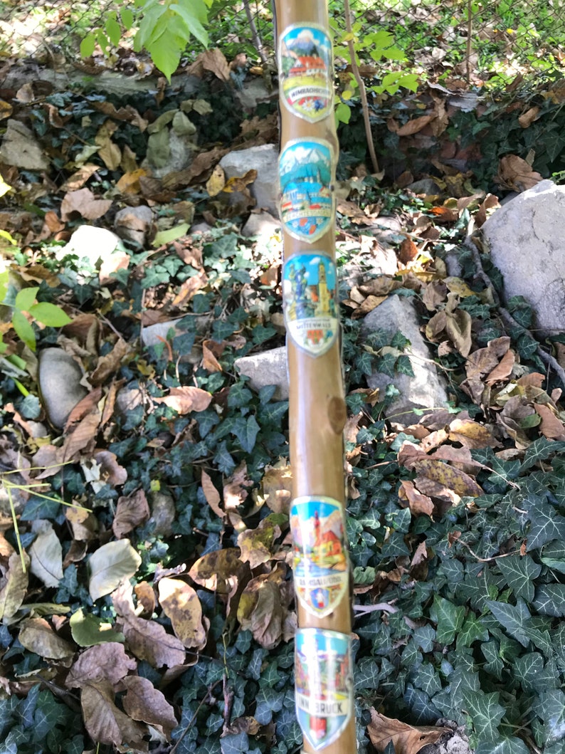 Puede incluir: Un bast&oacute;n de senderismo marr&oacute;n con varias pegatinas coloridas en forma de escudo. Las pegatinas presentan im&aacute;genes de edificios, monta&ntilde;as y texto. El bast&oacute;n de senderismo se encuentra sobre un fondo de hojas, rocas y vegetaci&oacute;n.