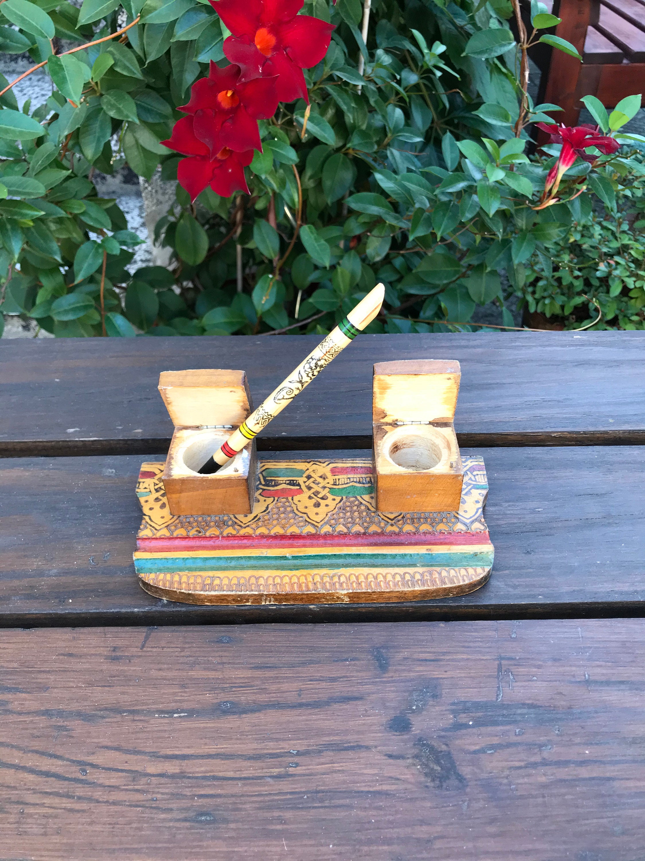 Ink Rest Vintage Inkwell-antique Inkstand With Two Square Inkwells and Pen Rest ...