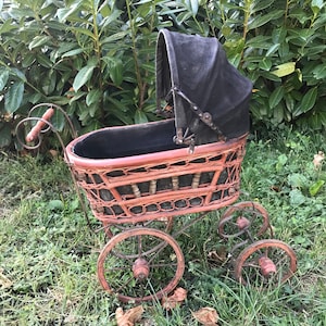 Vintage doll pram-Vintage baby doll stroller-wicker rattan antique dolls pram-Victorian pram-doll furniture-nursery decor
