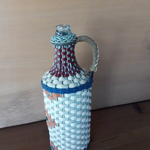 Vintage knitted demijohn with cork plug- rustic decorative wine bottle- old alcohol bottle- handmade knitted glass bottle- knitted decanter