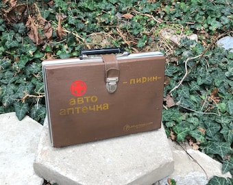 Vintage first aid kit for car -emergency medical help-doctor bag -first aid bag -leather medical bag 1970's
