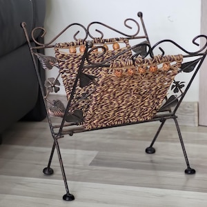 Vintage magazine holder -iron -woven jute rack -newspaper rack -magazine stand -record or magazine holder -home decor