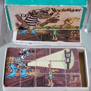 Juego vintage de 15 cubos de madera para rompecabezas - Bloques de rompecabezas de la URSS - Bloques de rompecabezas para niños - Juego de rompecabezas - Juguete para niños - Cubos de juguete - Dibujos animados de la URSS