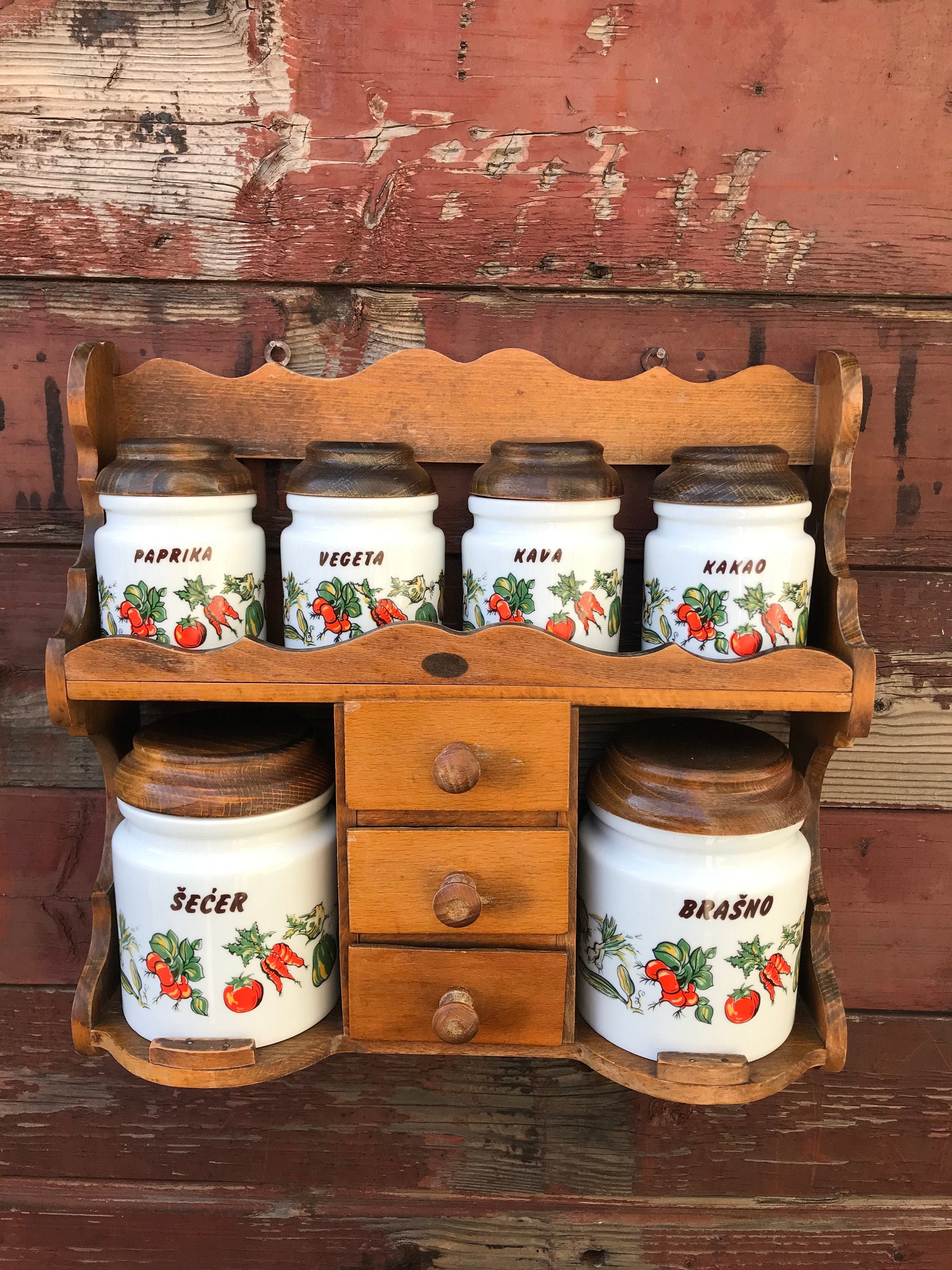 Vintage Spice Rack Wooden Spice Rack With Porcelain Spice Etsy