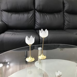 Vintage glass tulip candle holder -frosted glass candle holder -tea light -glass candlestick -brass and glass set of 2 candle holders