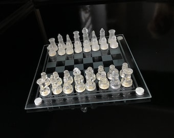 Vintage small glass chess set -table game -chess game -glass chess pieces -glass board -collectible chess -retro chess set