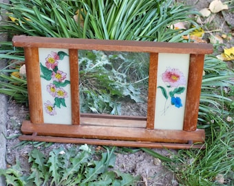 Vintage Wooden Wall Mirror with Towel Hanger – Floral Accents
