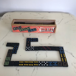 Vintage Komplettset 51 Stück Dominosteine in Original Holzbox - große Affendominosteine