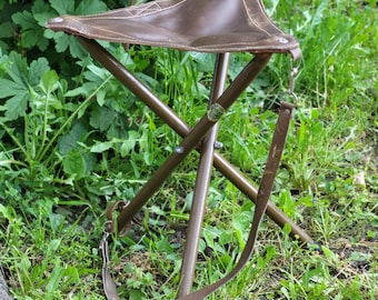 Taburete trípode de cuero vintage – Silla de camping plegable de estilo militar