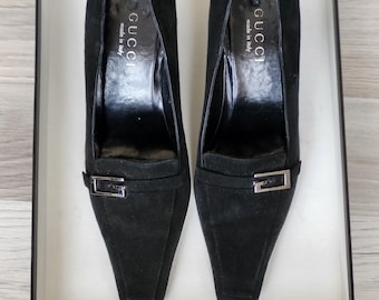 Vintage Gucci high heel black suede pumps Size 37.5 slippers high heel - women shoe - stiletto shoes