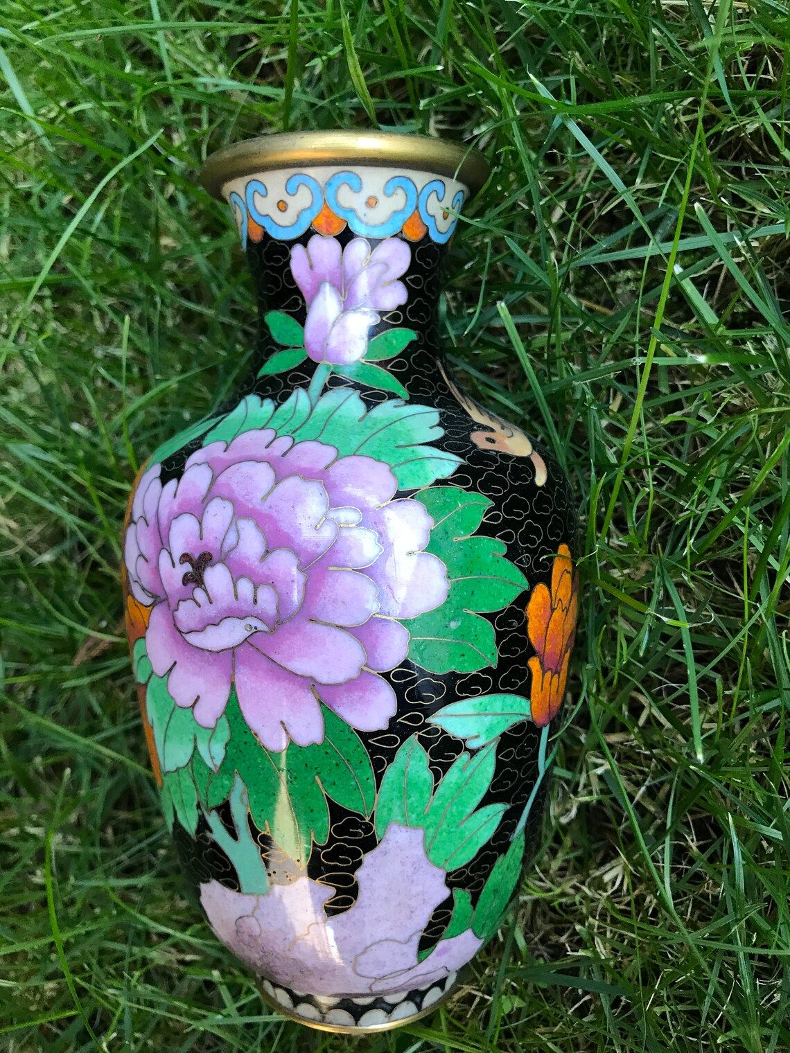 Vintage Oriental Enameled Vase Etched and Painted Etsy