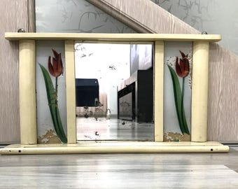 Vintage Wooden Mirror with Towel Rack – Primitive Wall Decor