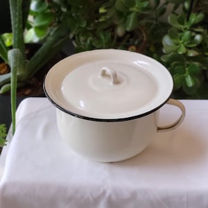 Può includere: Pentola smaltata bianca con bordo nero e coperchio. La pentola ha un manico sul lato e un pomo sul coperchio.