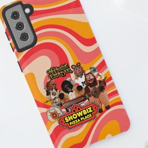 May include: A phone case with a retro 70s style design featuring a red, orange and yellow swirl pattern. The case has a cutout for the camera lens and a graphic of the "Showbiz Pizza Place" mascot band, "The Rock-afire Explosion", with the text "Showbiz Pizza Place".