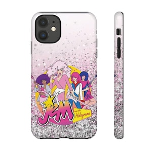 May include: A pink and white glitter phone case with a graphic of the Jem and the Holograms cartoon characters. The case features the Jem logo and the text "and the Holograms".