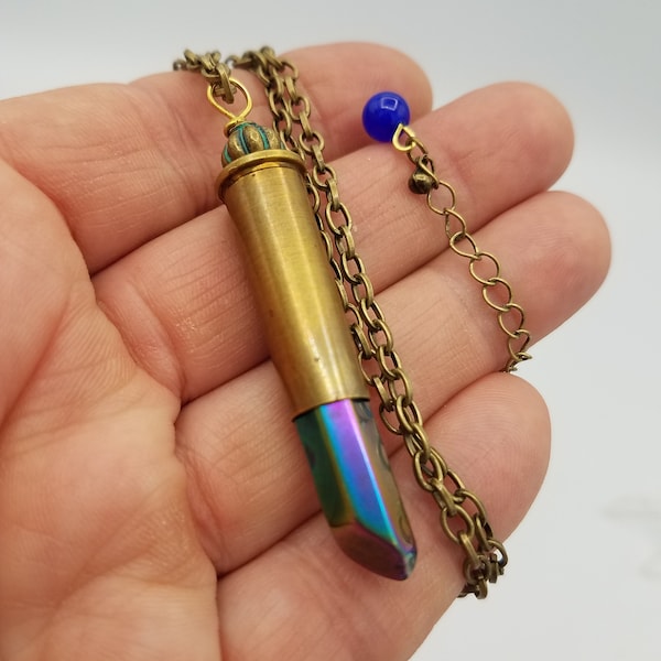 Brass Bullet Shell 357 MAG Necklace with Brass tone Necklace, Bullet Iridescent Crystal Pendant, Titanium Rainbow Aura Lemurian Quartz