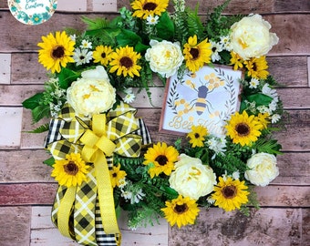 Everyday Wreath, Black & Yellow Home Decor, Bee Kind Door Hanger, Summer Wreath, Summer Wreath, Floral Wreath, Bumble Bee Decor