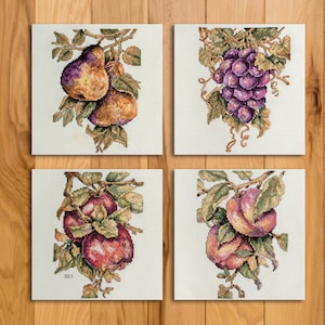 Tree Fruits set of 4 Completed Cross Stitch Wall Art