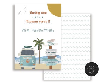 The Big One Birthday Invitation, Surf Birthday Party, Puerto Rican Islands, Beach Themed Party Invitation, Editable Template, Corjl