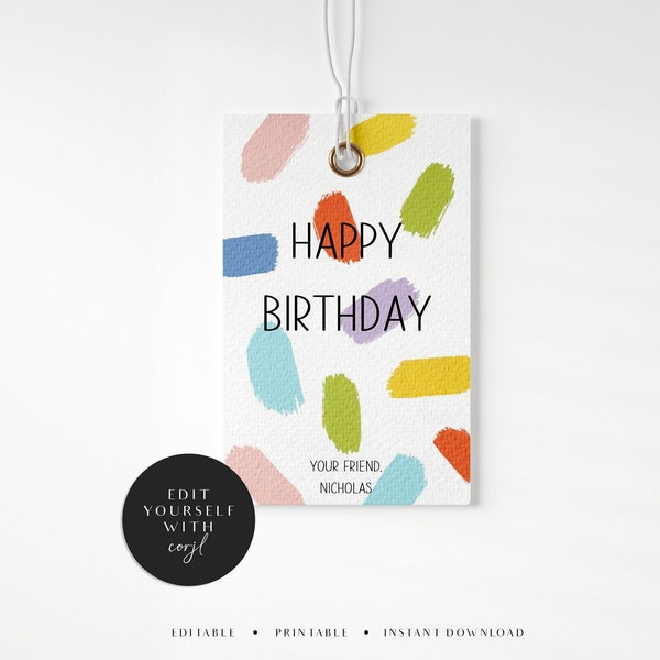 Editable Happy Birthday Tag, Gift Tag, Personalized Printable Tag, Corjl, Modern Gift, Gift for Her, Gift for Him, Instant Download