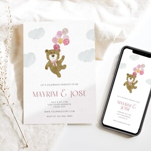 Modern Bear Girl Baby Shower Invitation Template, Teddy Bear Invitation, Printable Baby Shower Invitation, Editable, Girl Baby Shower, Corjl