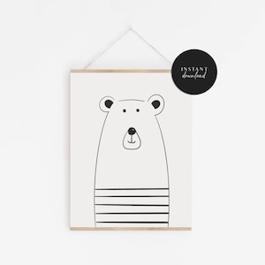 Modern Bear Digital Print, Simple Animal Wall Art, Black and White Nursery or Kids Decor, Instant Download