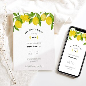Lemon Birthday Invitation Template, Modern Lemon Birthday, Neutral Birthday Invite, Editable Invitation, Digital Invite, Instant Download