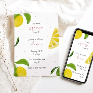 Lemon Birthday Invitation Template, Modern Lemon Birthday, Girl Birthday Invite, Editable Invitation, Digital Invite, Instant Download