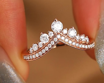 Lab Diamond Tiara Ring, 14k Solid Gold Wedding Band