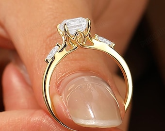 Art Deco Floral Emerald Cut IGI Certified Lab Grown Diamond Engagement Ring Solid Gold