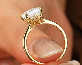 14K Gold Emerald Cut Moissanite Engagement Ring Vintage Filigree Solitaire Bridal Band