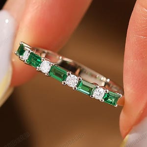 Wedding Band Vintage Baguette Emerald Ring Solid Gold Eternity Stacking Ring Gift