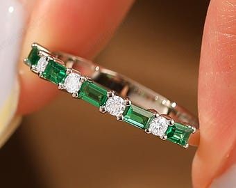 Wedding Band Vintage Baguette Emerald Ring Solid Gold Eternity Stacking Ring Gift