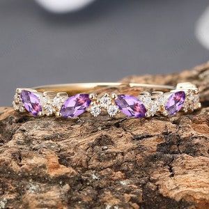 Art Deco Marquise Amethyst Wedding Band, Solid Gold Stacking Ring