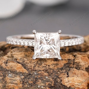 Art Deco Celtic 1.5CT Princess Cut Moissanite Lab Diamond Ring, Unique Hidden Halo Trinity Moissanite Engagement Wedding Ring Jewelry Women